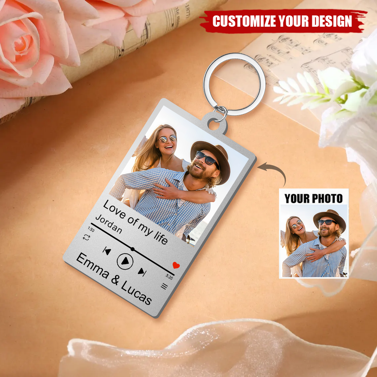 Personalized Couple Photo keychain With Engraved Music