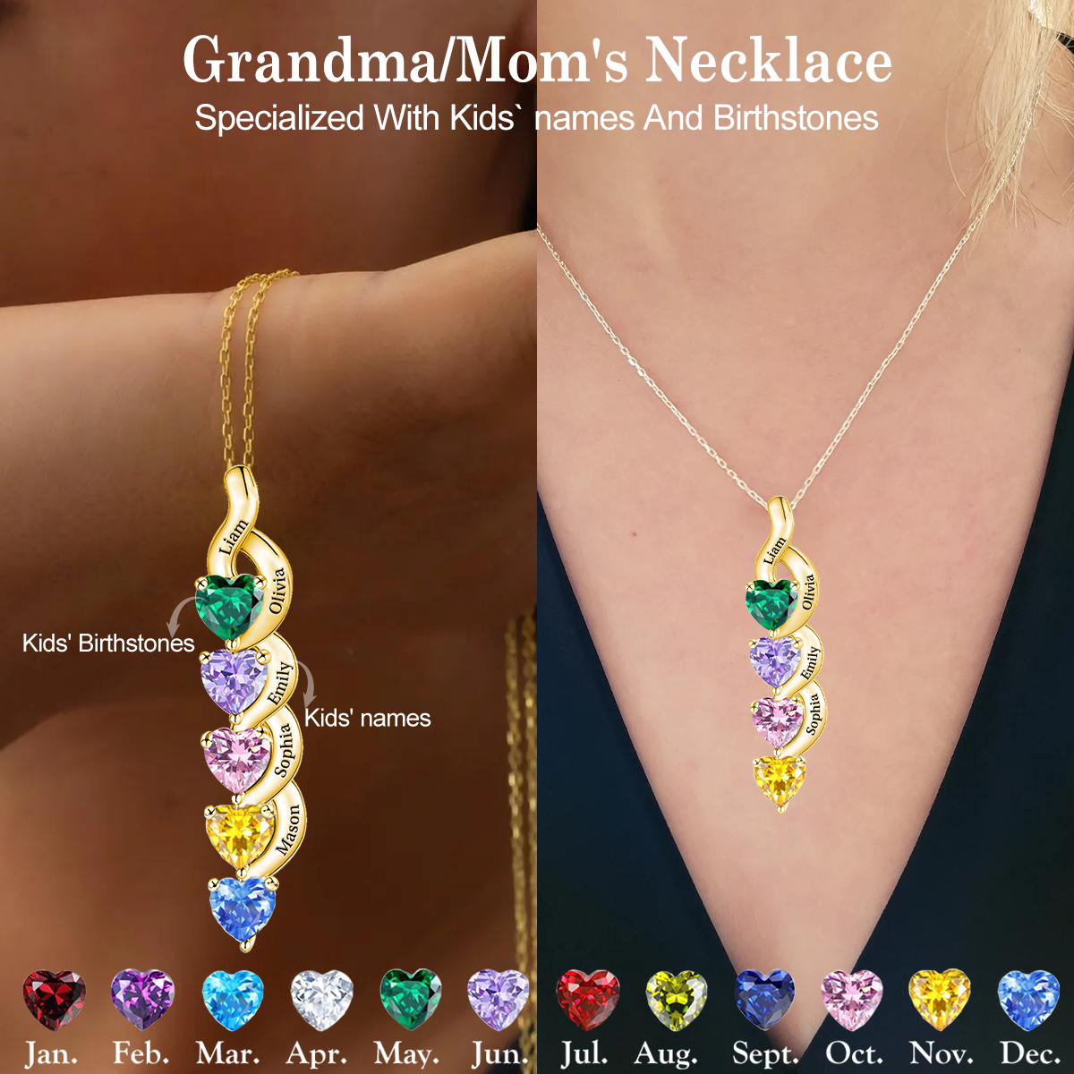 Gift For Mom Grandma - Personalized Birthstone Name Necklace