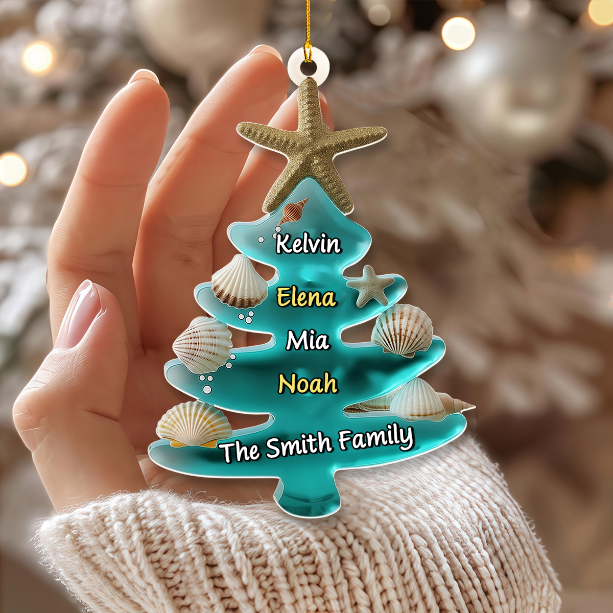 Custom Sea Glass Tree Ornament, Family Holiday Gift For Beach Lovers