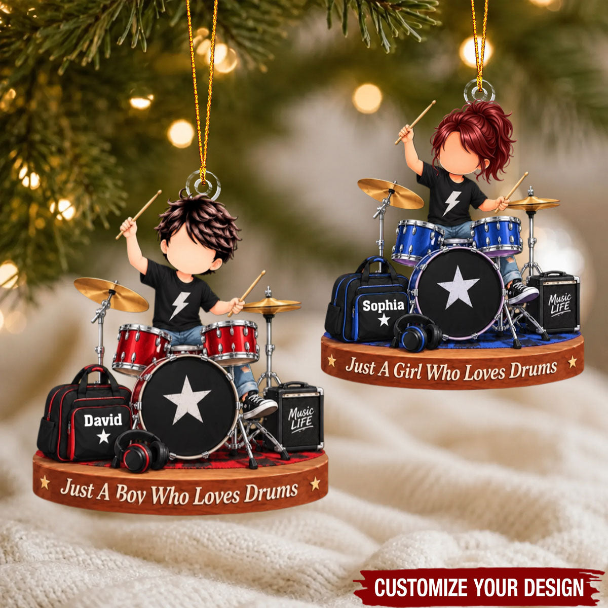 Personalized Drummer Ornament, Custom Name Drum Player Gift