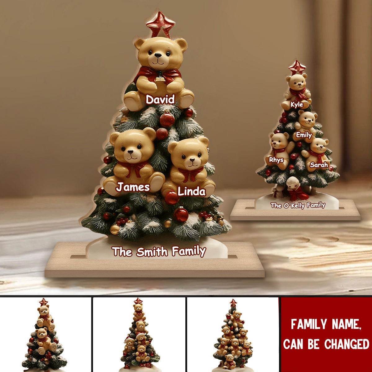 Personalized Family Christmas Tree With Cute Bear Ornaments Wooden Plaque