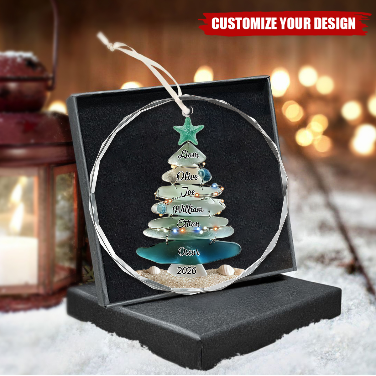 Personalized Family Sea Glass Christmas Tree Glass Ornament