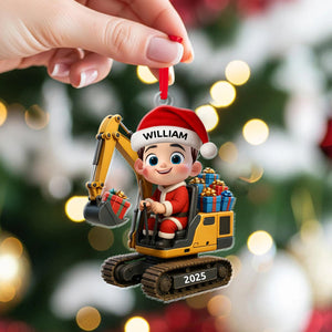 Cute Cartoon Kid With Christmas Excavator - Custom Acrylic Ornament