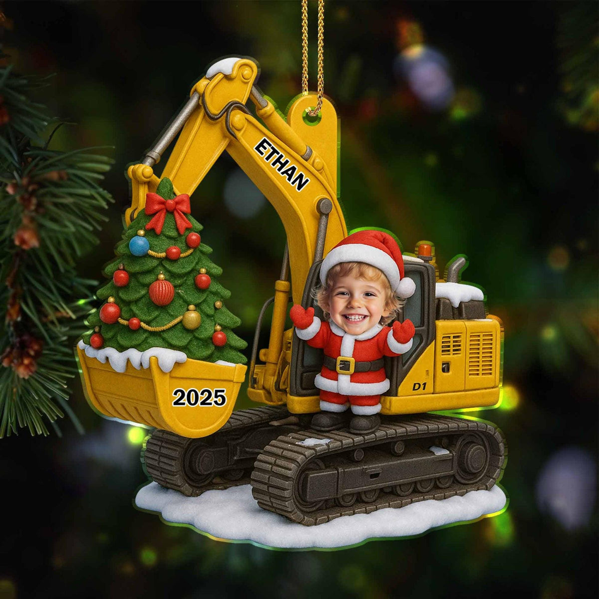 Cute Kid With Photo Christmas Excavator - Custom Acrylic Ornament