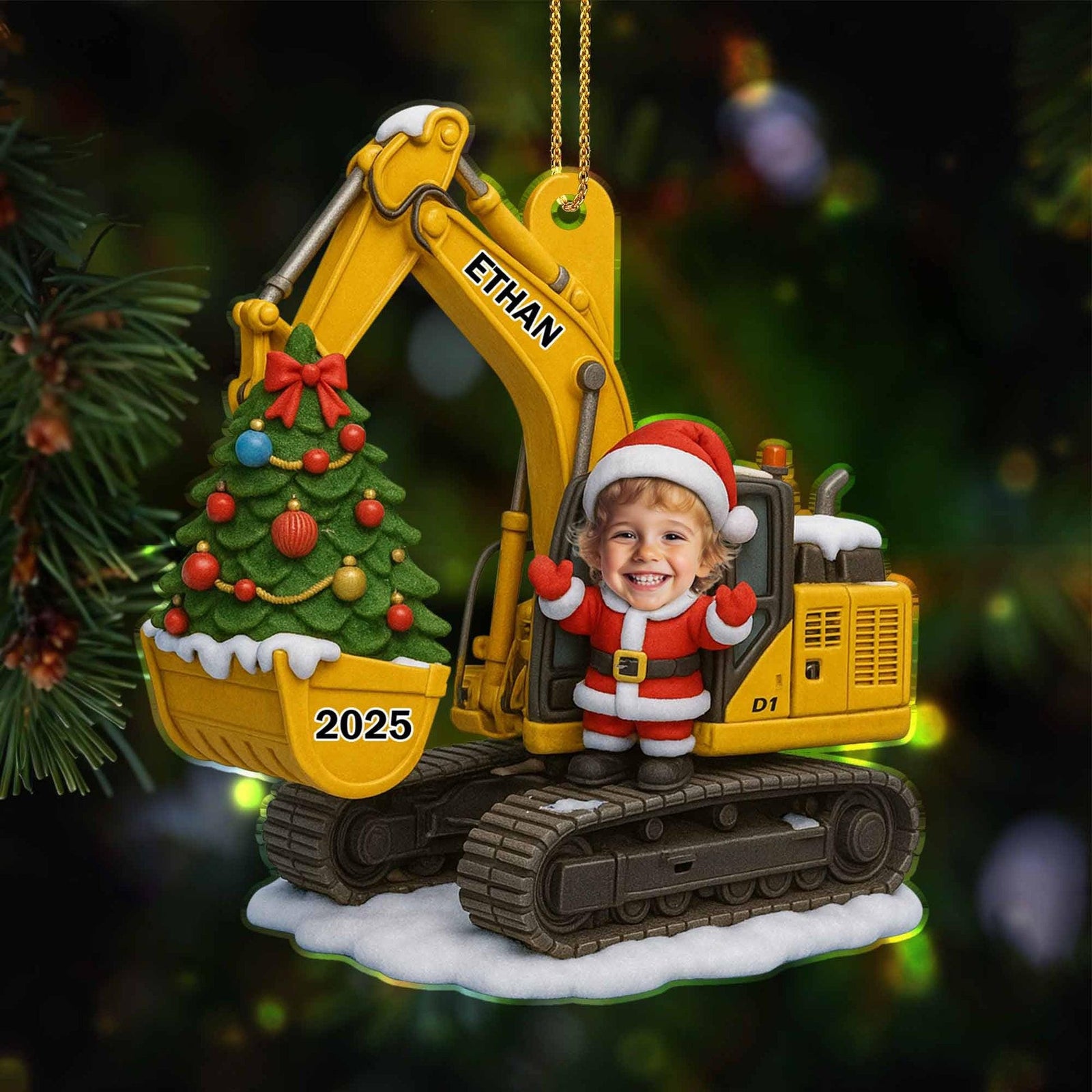 Cute Kid With Photo Christmas Excavator - Custom Acrylic Ornament