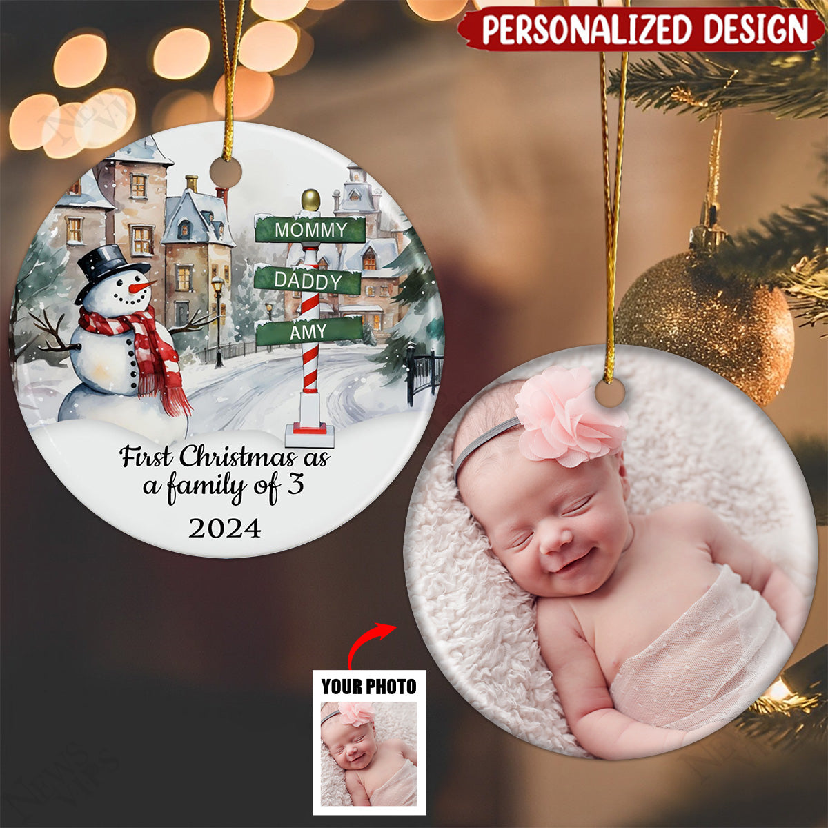 Christmas Decorations For A Family Of Three - Personalized Ceramic Ornament