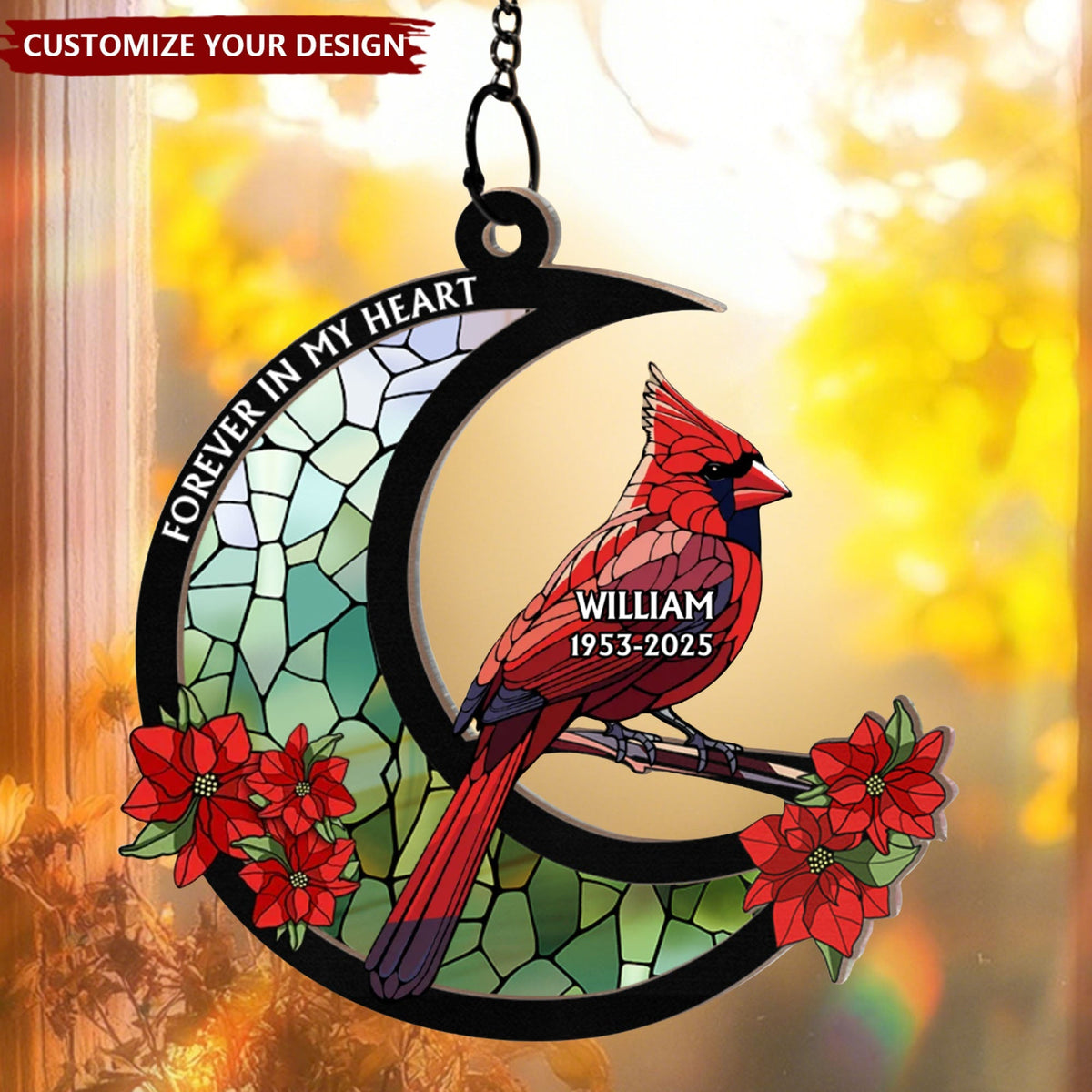 Memorial Cardinal Stained Glass Moon - Personalized Window Hanging Suncatcher Ornament