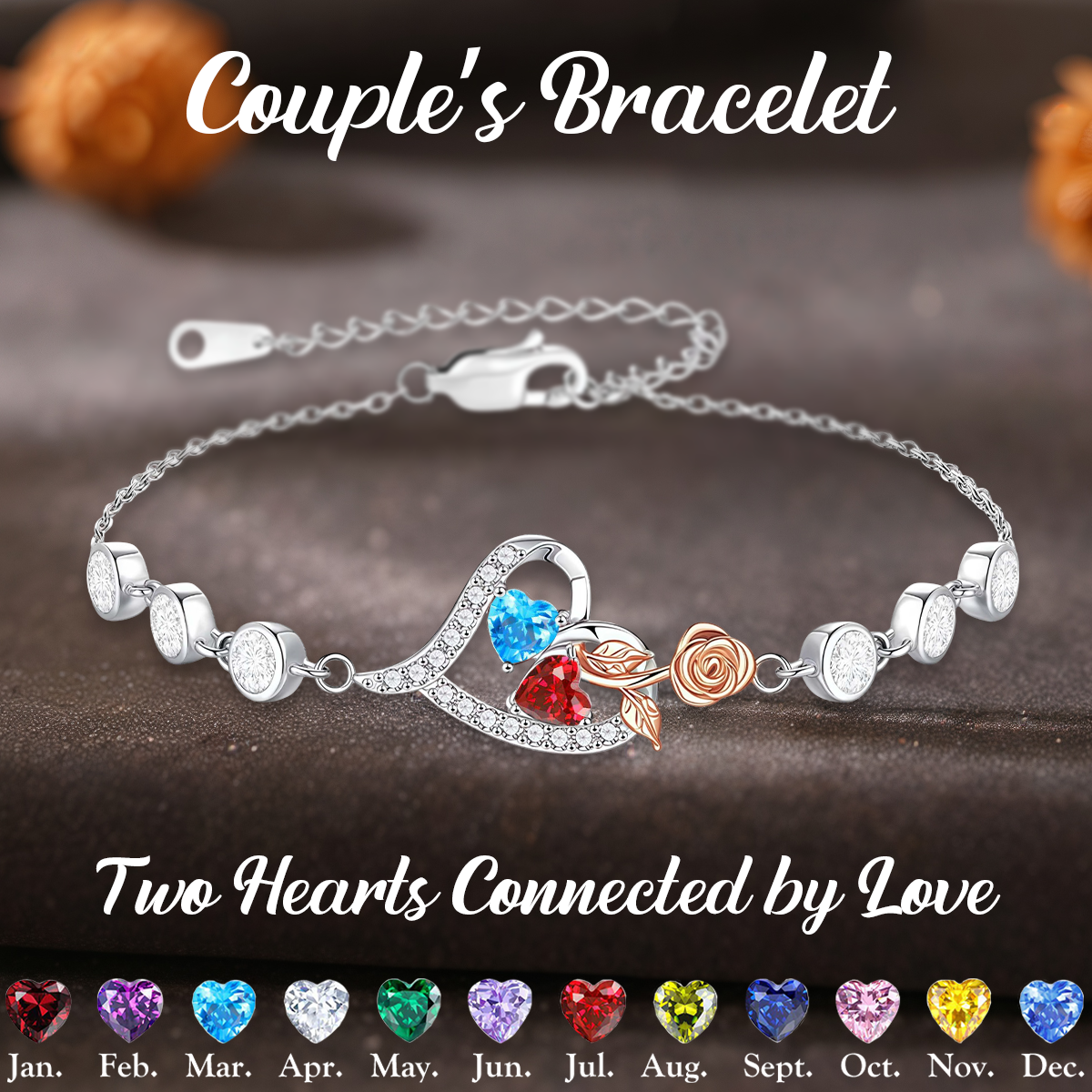 Together Forever - Personalized Two Heart Couple Birthstone Bracelet