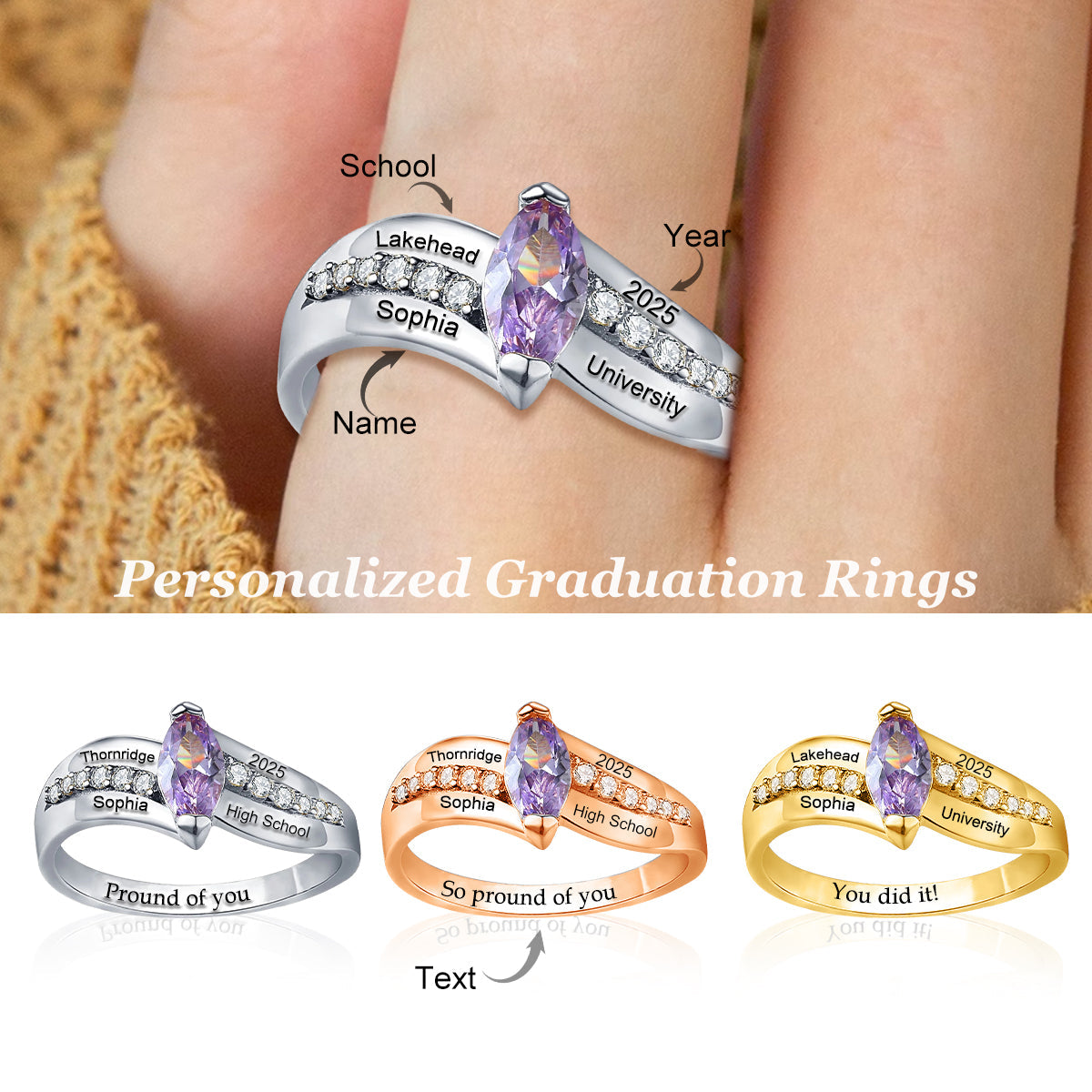 Personalized Birthstone Graduation Ring with Custom Engravings of University/School Name