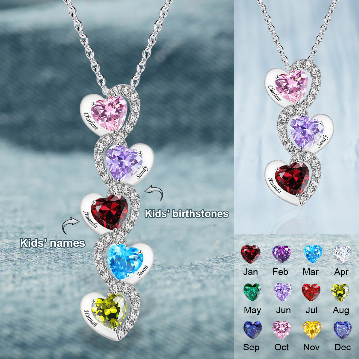 Personalized Heart-shaped Name Birthstone Necklace-Gift For Mom/Grandma