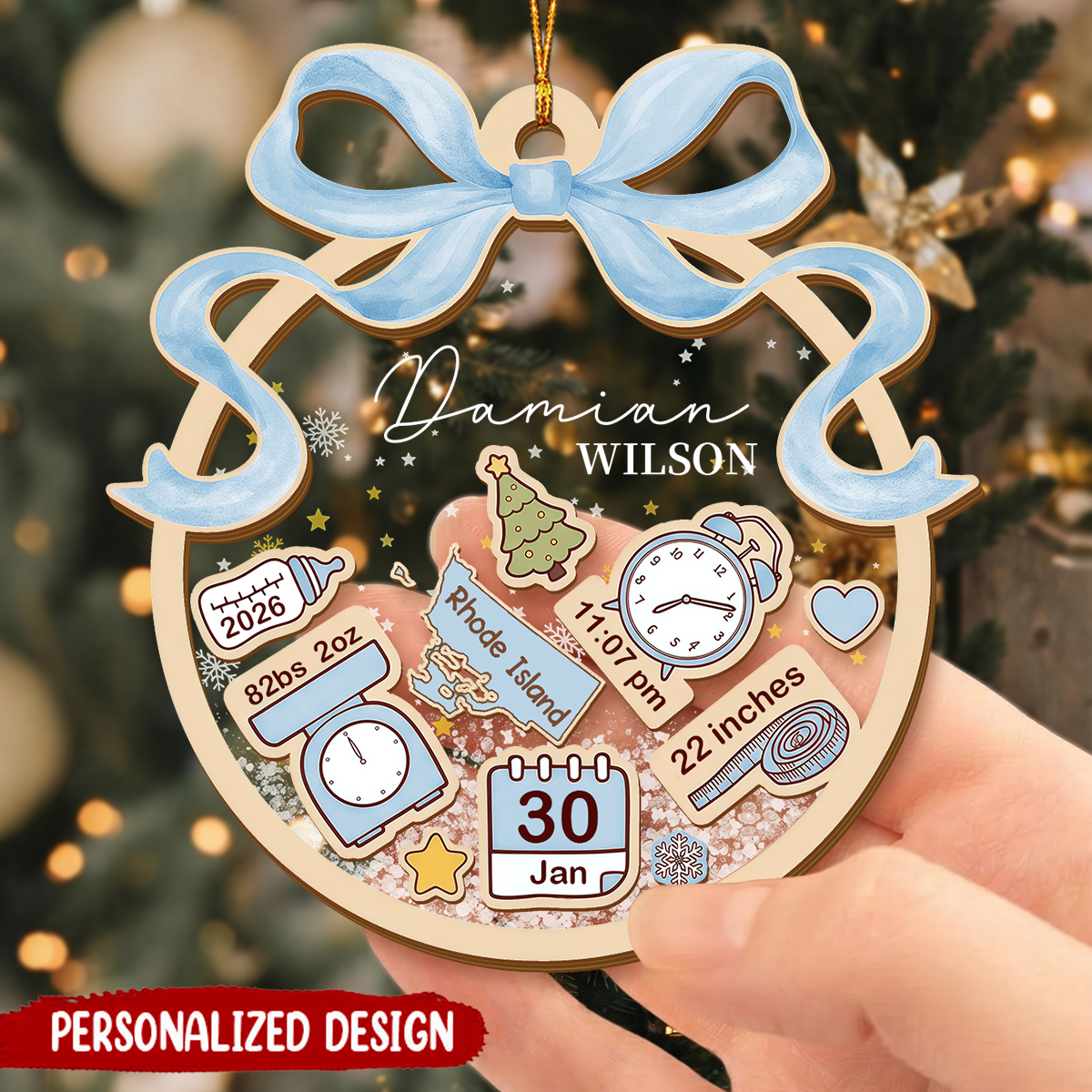 Personalized Baby's First Christmas Coquette Bow Ornament
