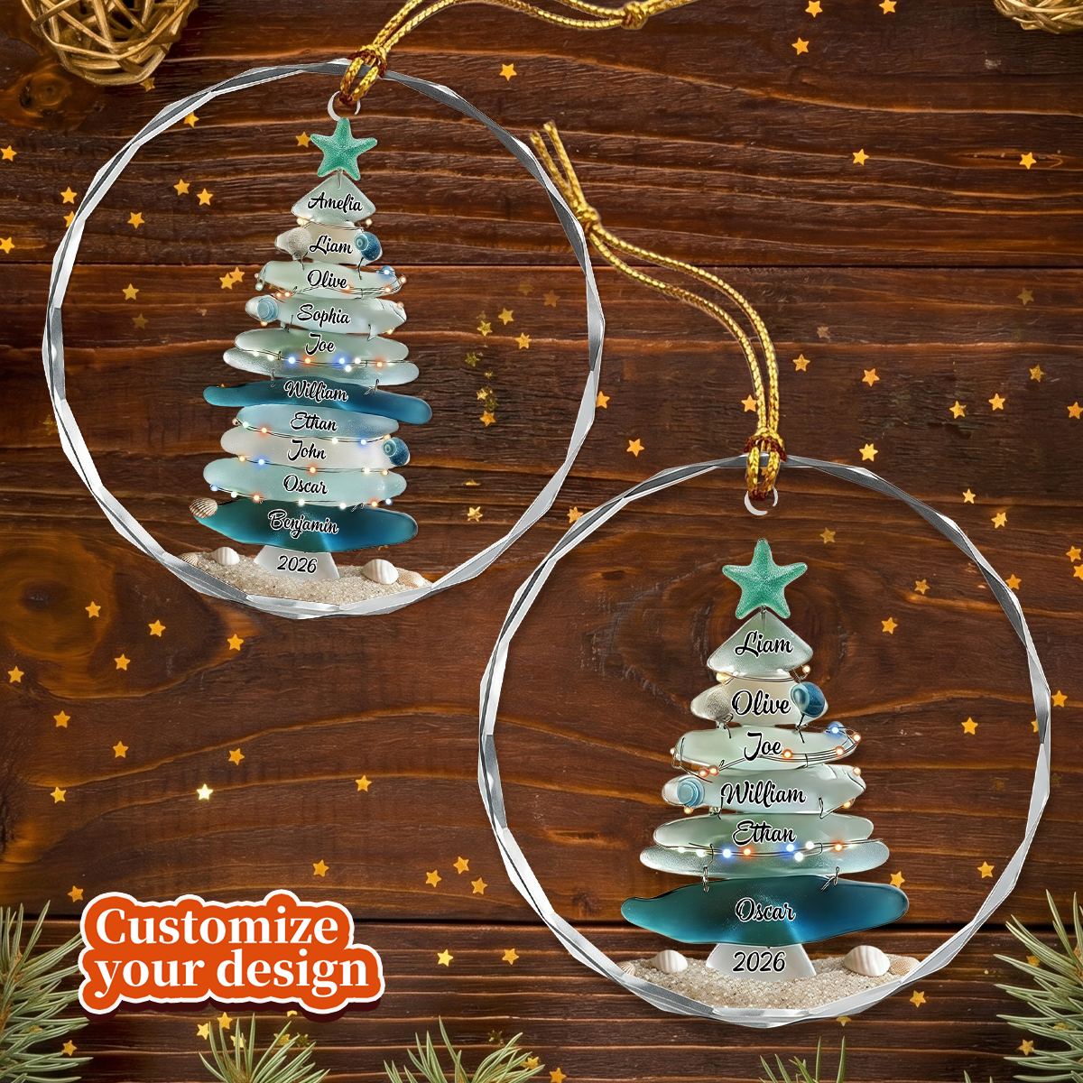 Personalized Family Sea Glass Christmas Tree Glass Ornament