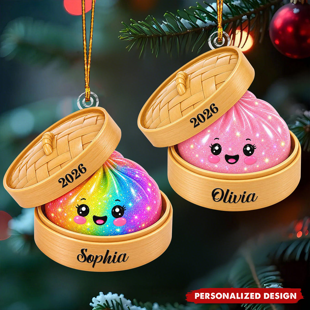 Personalized Glitter Dumpling Ornament, Bamboo Steamer, 2026 Xmas Keepsake