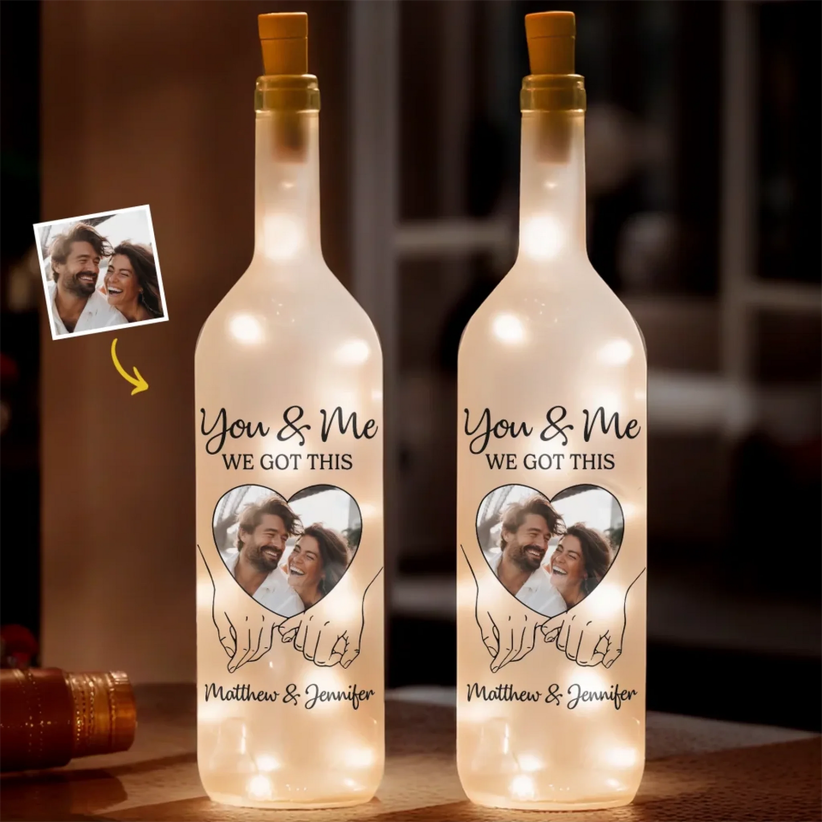 Custom Photo Hand In Hand, We Conquer All - Couple Personalized Custom Bottle Lamp