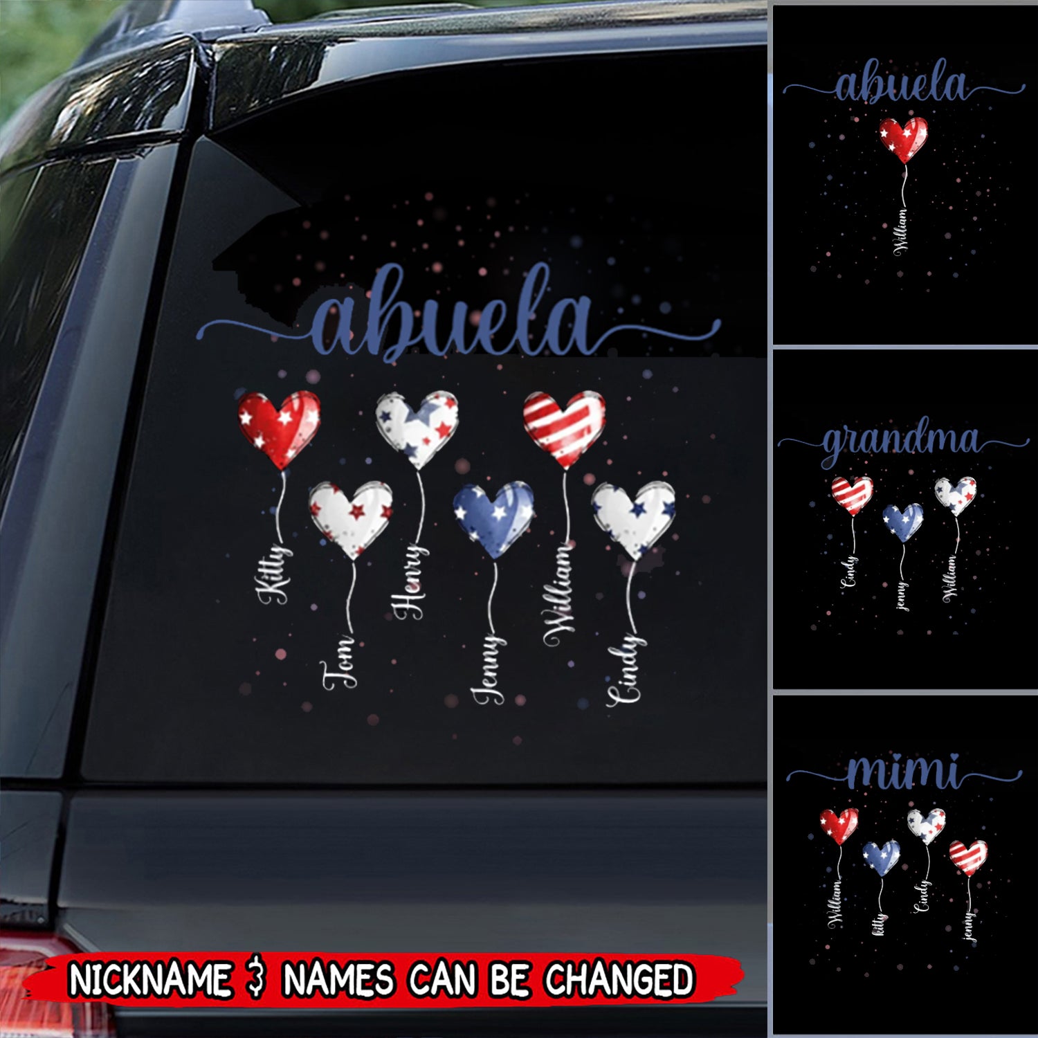 4th of July Grandma Auntie Mom Balloon Heart Kids American Flag Pattern Personalized Sticker