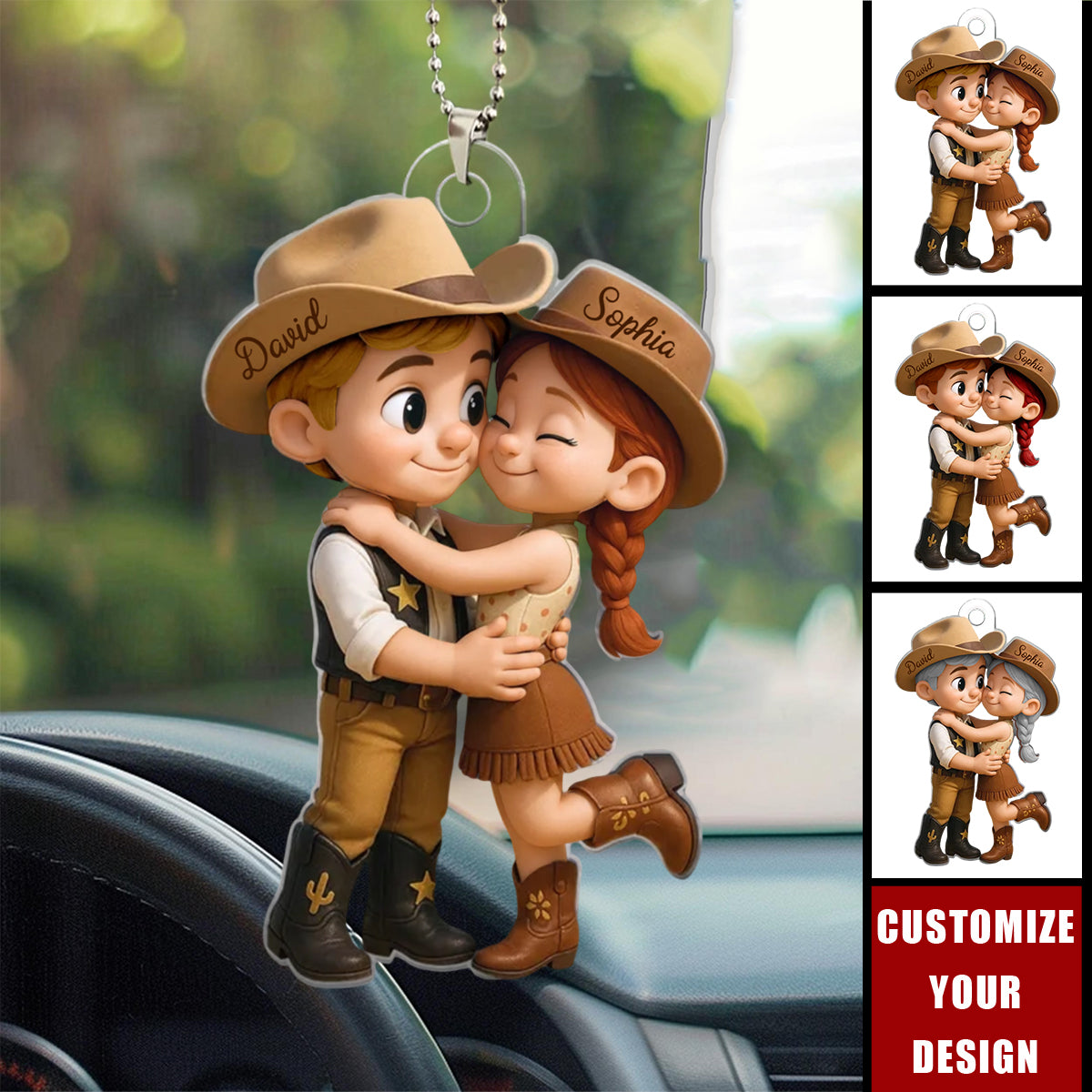 Cartoon Style Countryside Couple Cowboy Cowgirl Car Accessories Personalized Car Hanger Ornament