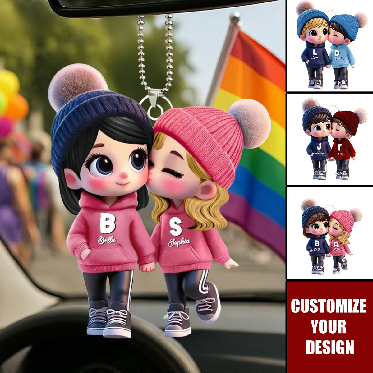 3D Effect Cute LGBTQ Cartoon Couple Personalized Acrylic Car Ornament