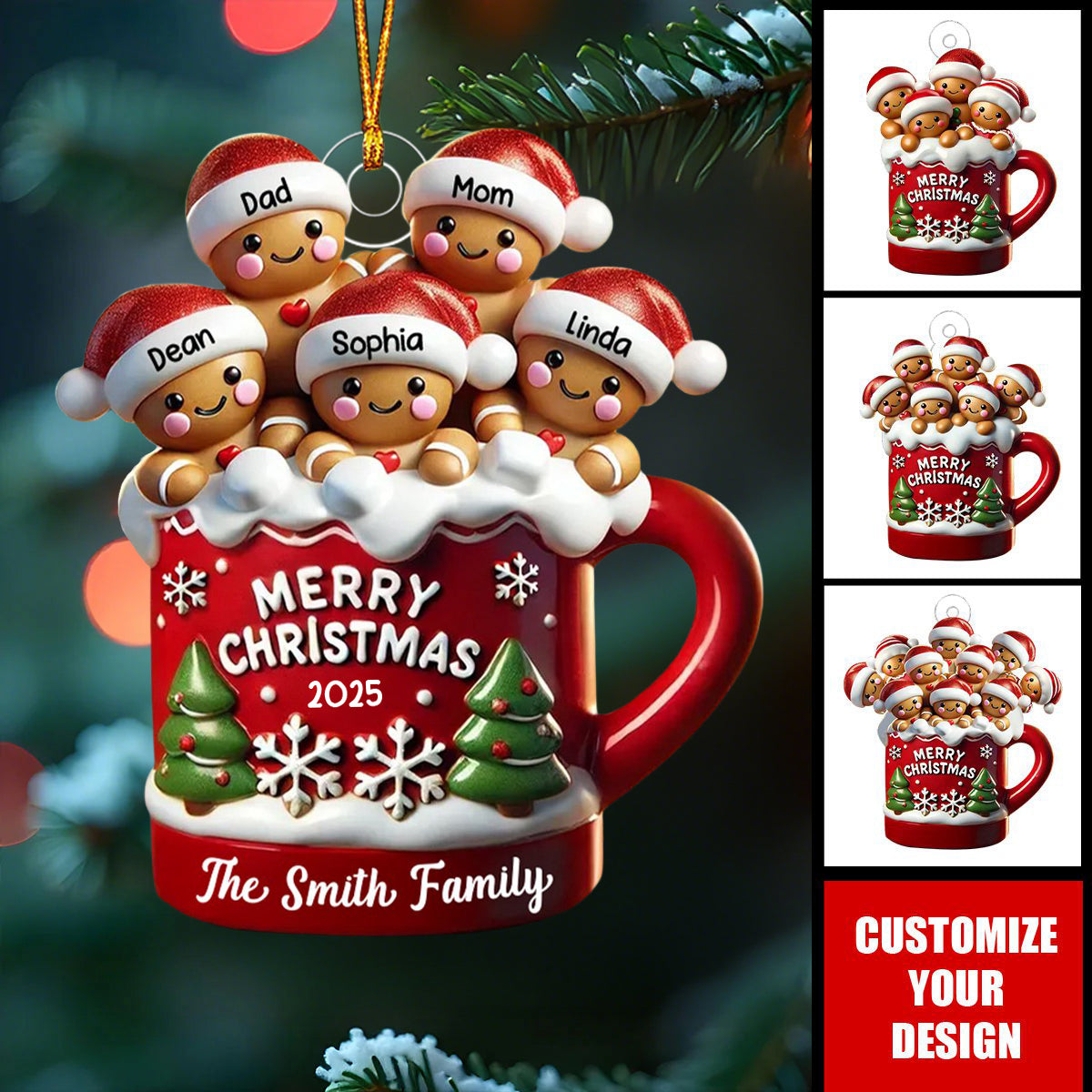 Gingerbread Family In Hot Cocoa Christmas Decor Personalized Acrylic Ornament