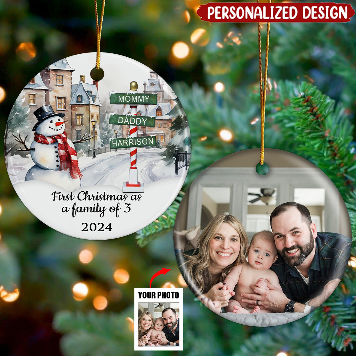 Christmas Decorations For A Family Of Three - Personalized Ceramic Ornament