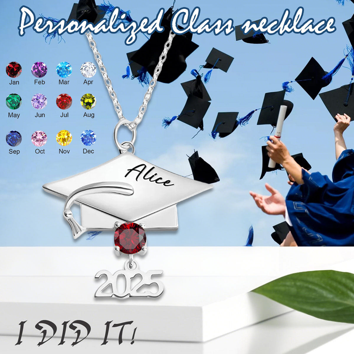 Personalized Graduation Cap Pendant Necklace - Custom Birthstone & Name Graduation Jewelry