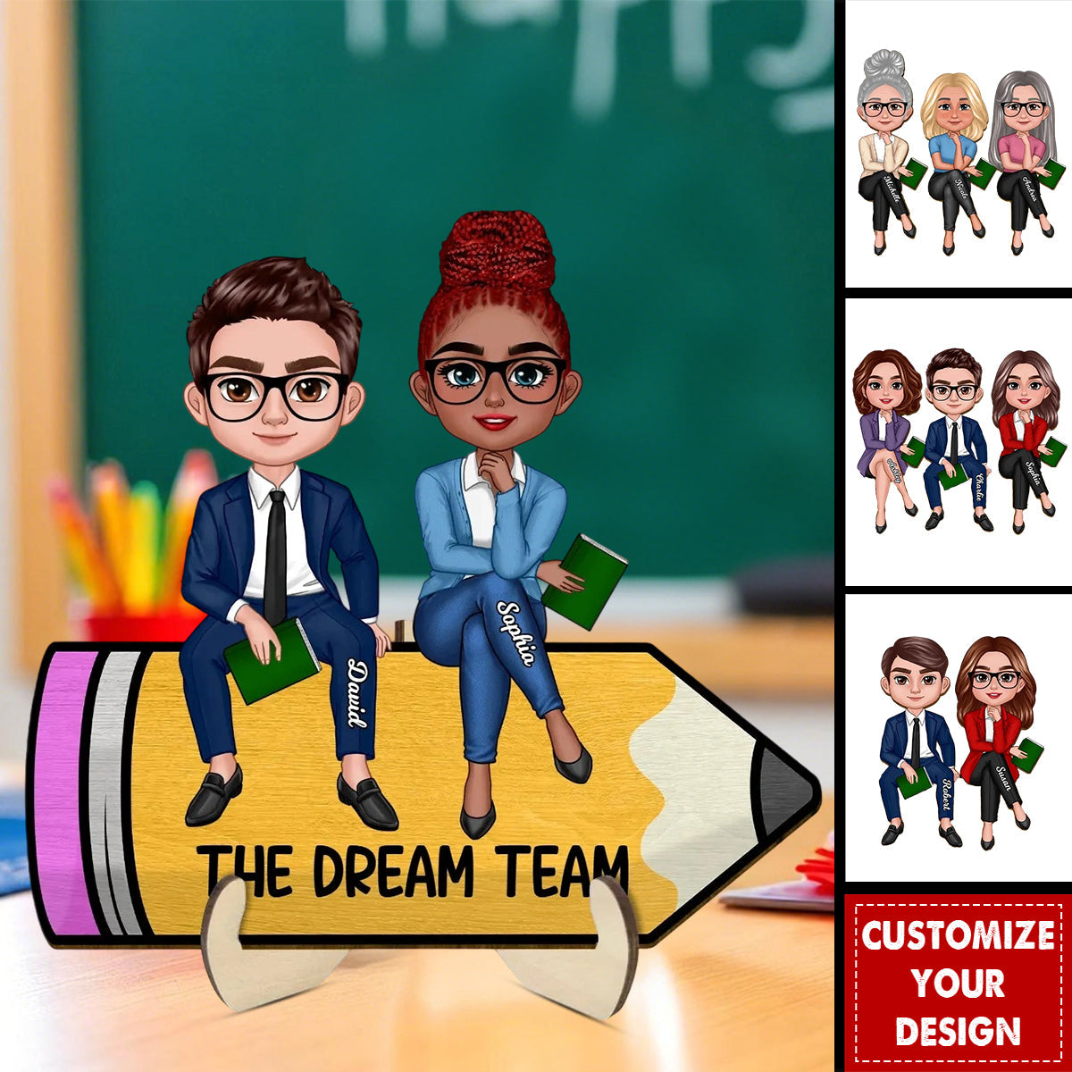 Doll Teacher Bestfriends Colleagues Sitting On Pencil Personalized 2-Layer Wooden Plaque, Teacher Appreciation Gift