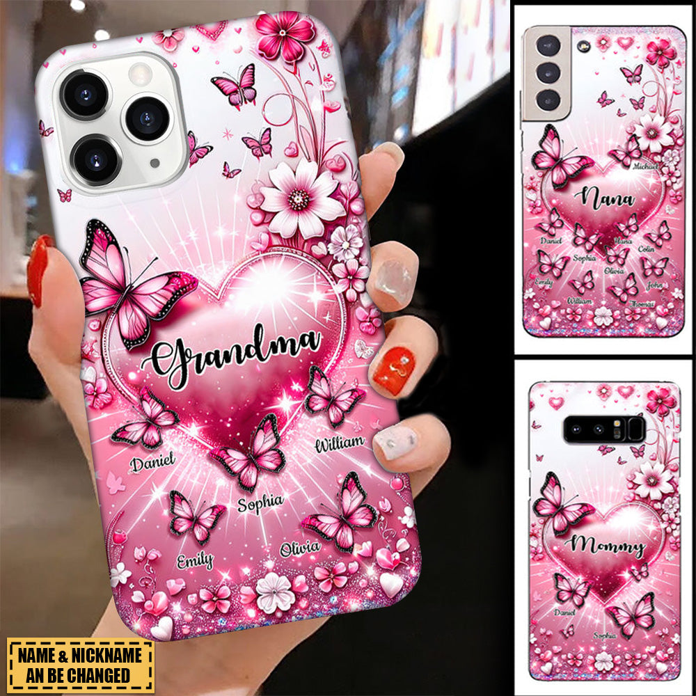 Sparkling Pink Butterflies And Flowers Personalized Silicone Phone Case For Grandma Mom