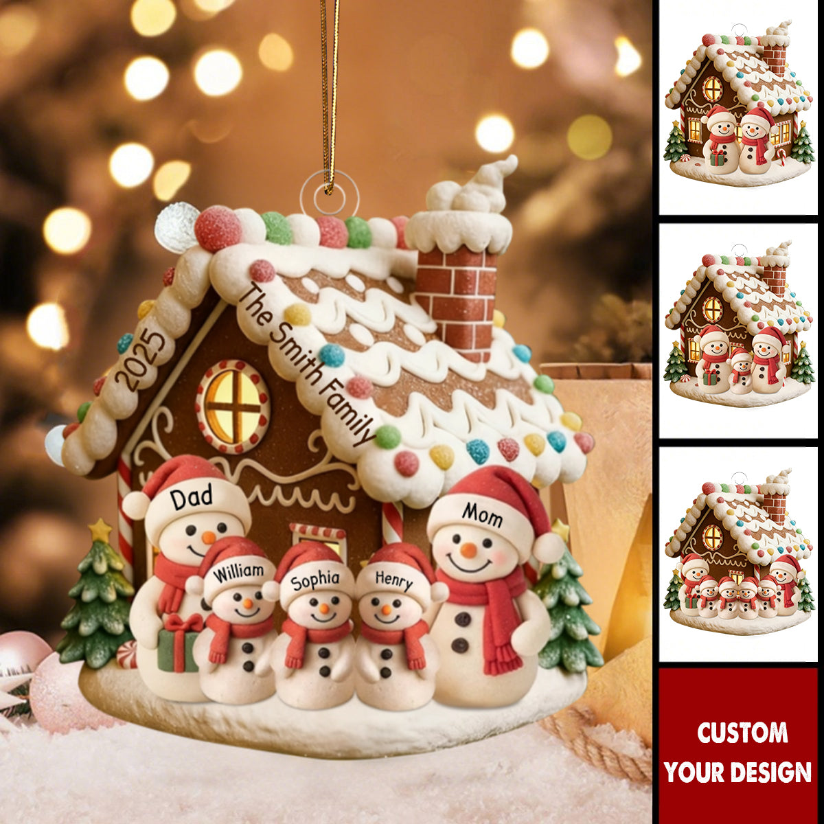 Personalized Gingerbread House Snowman Family Christmas Ornament