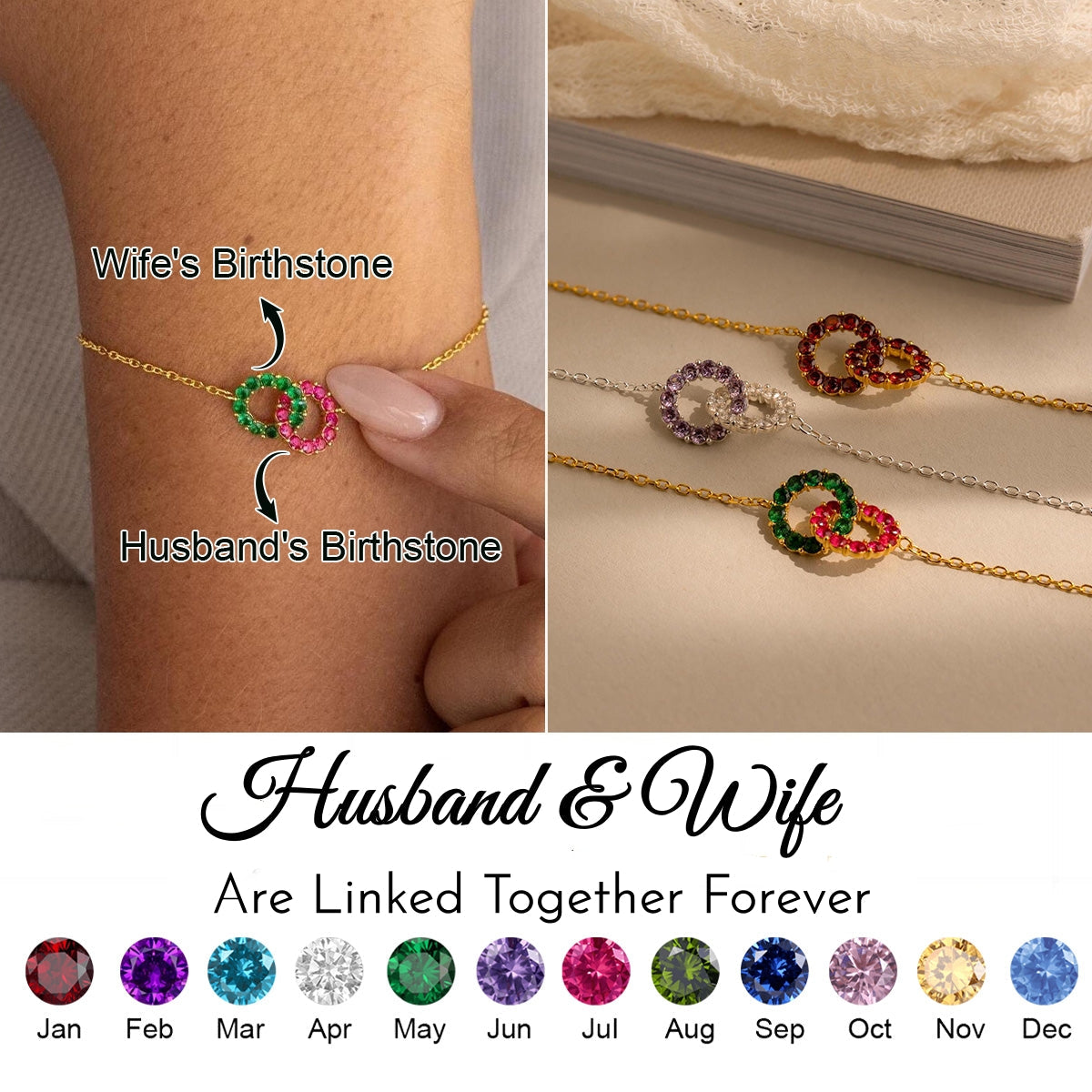 Personalized Custom Birthstones Linking Circle Bracelet - Gift For Couple