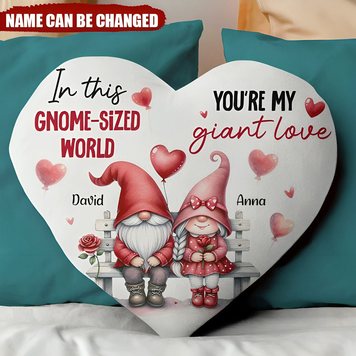 You're My Giant Love, Personalized Gnome Couple Heart-Shaped Pillow