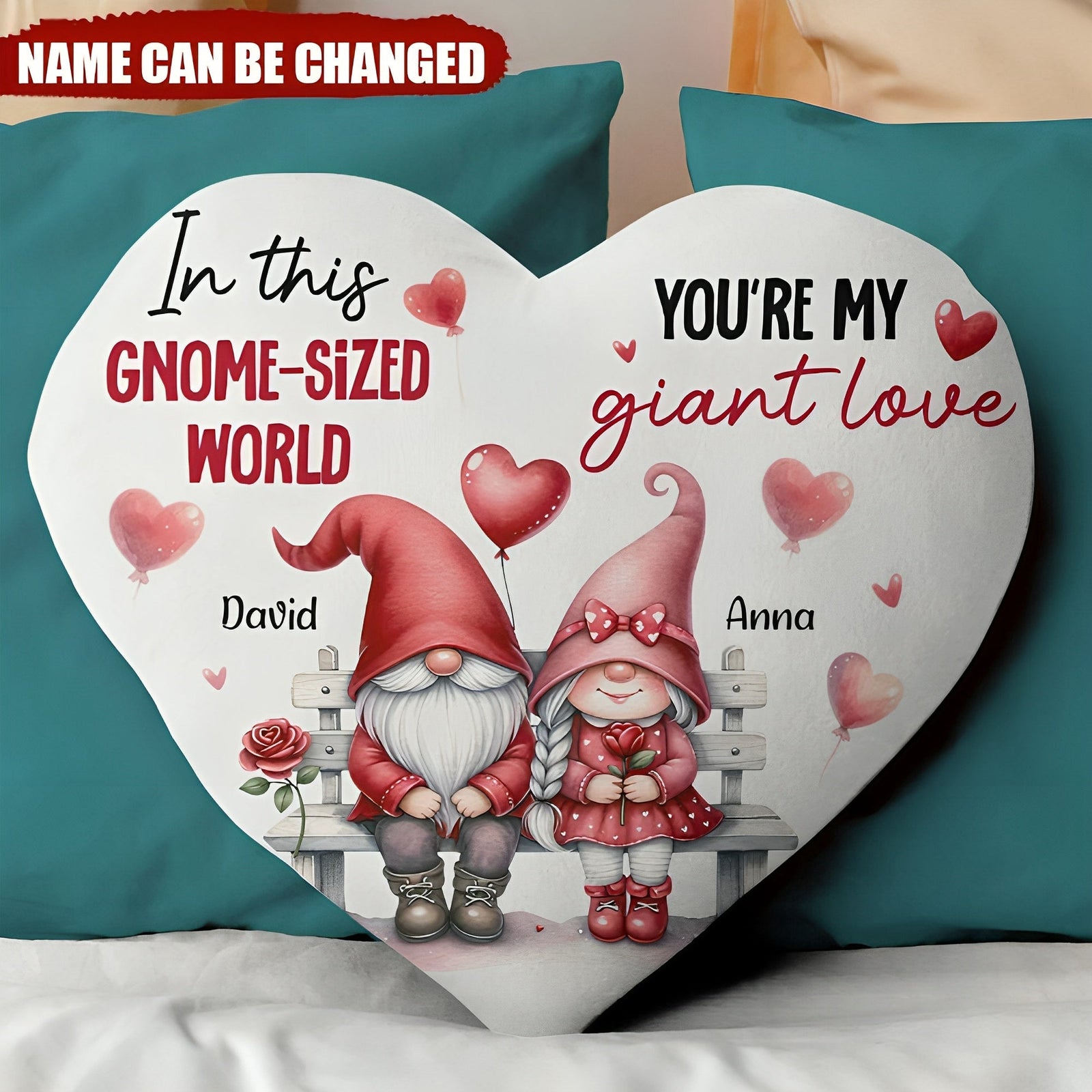 You're My Giant Love, Personalized Gnome Couple Heart-Shaped Pillow
