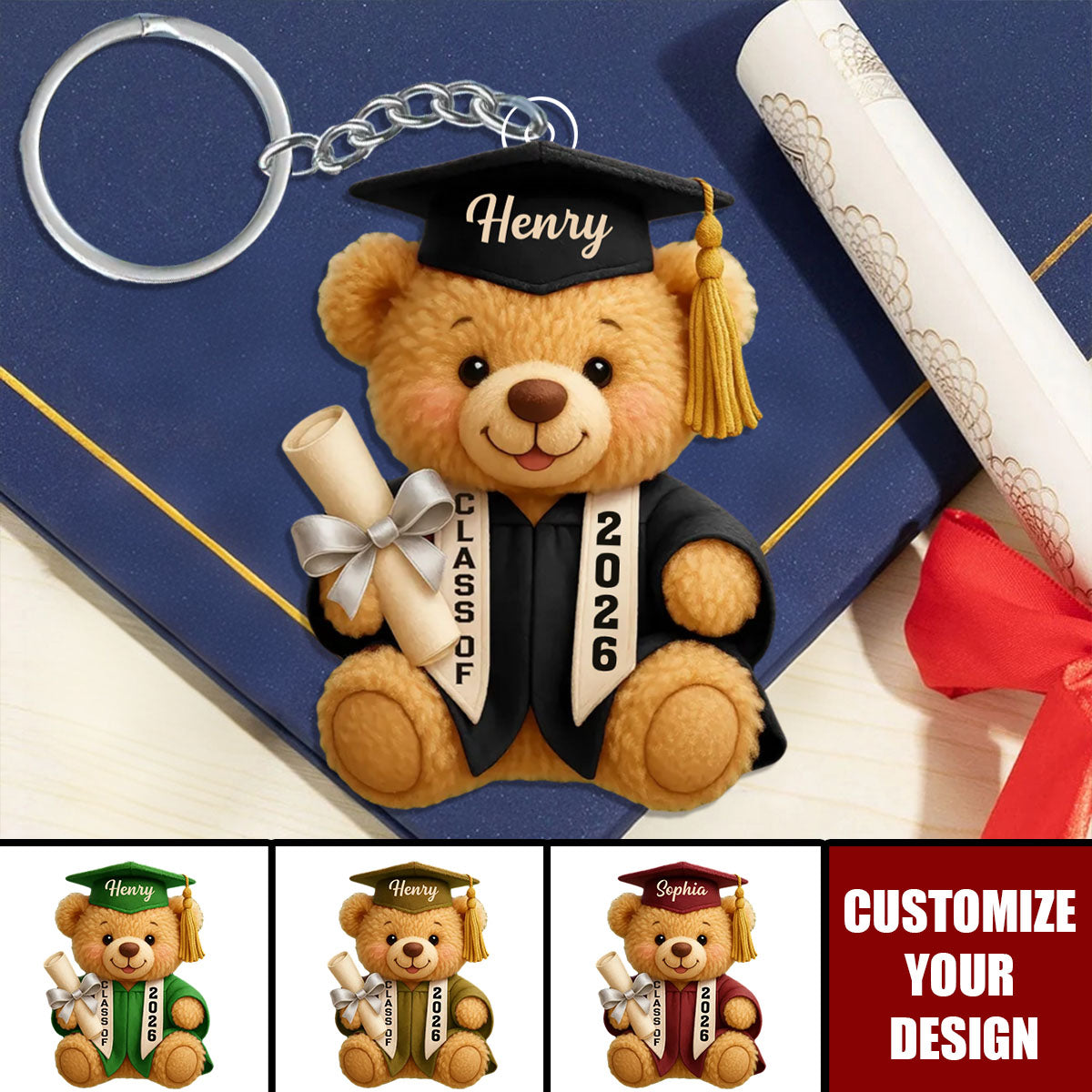 Happy Graduation - Personalized Class Of Graduation Bear Keychain, Gift For Students