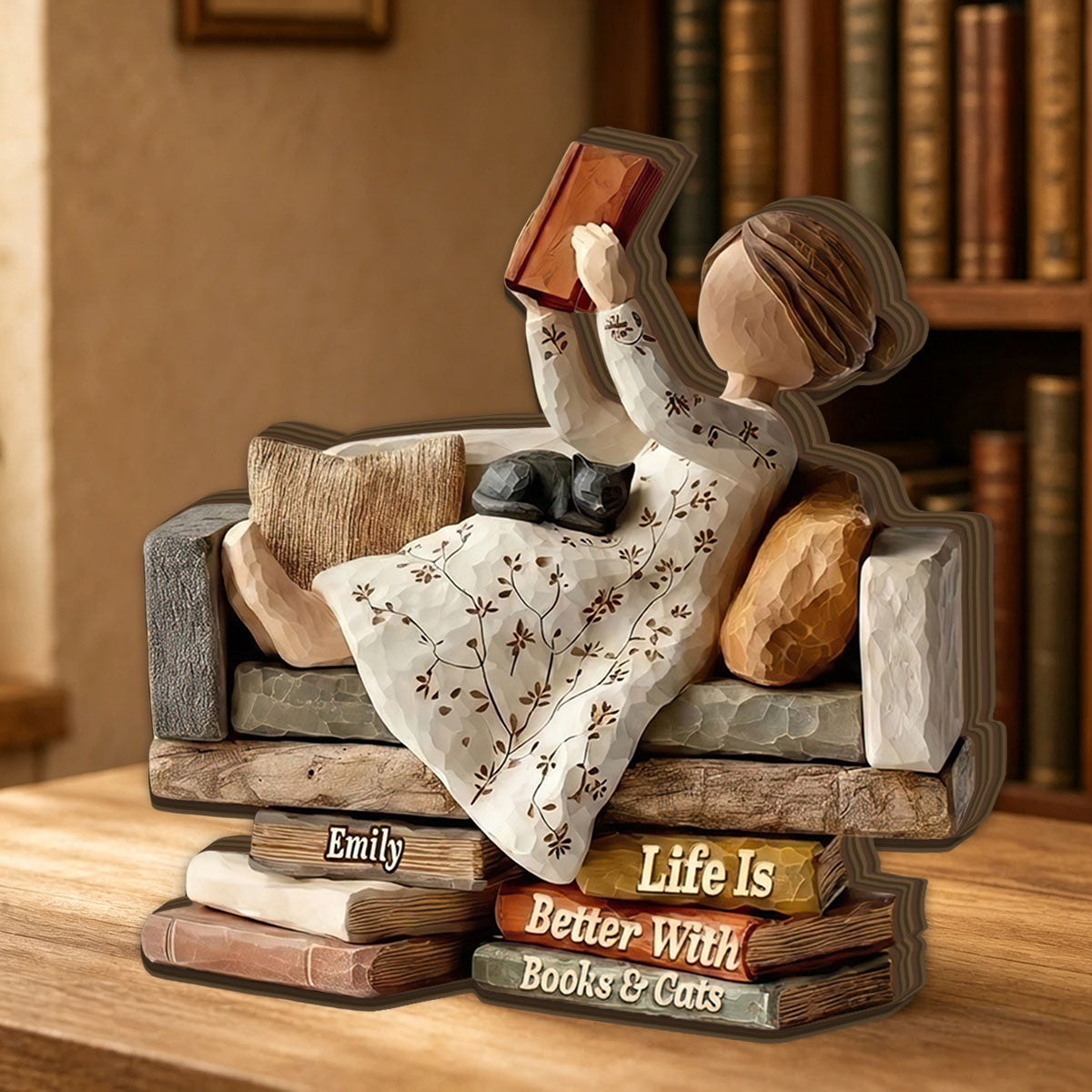 Just A Girl Who Loves Books Wooden Plaque, Personalized Reader Cat Mom Gift