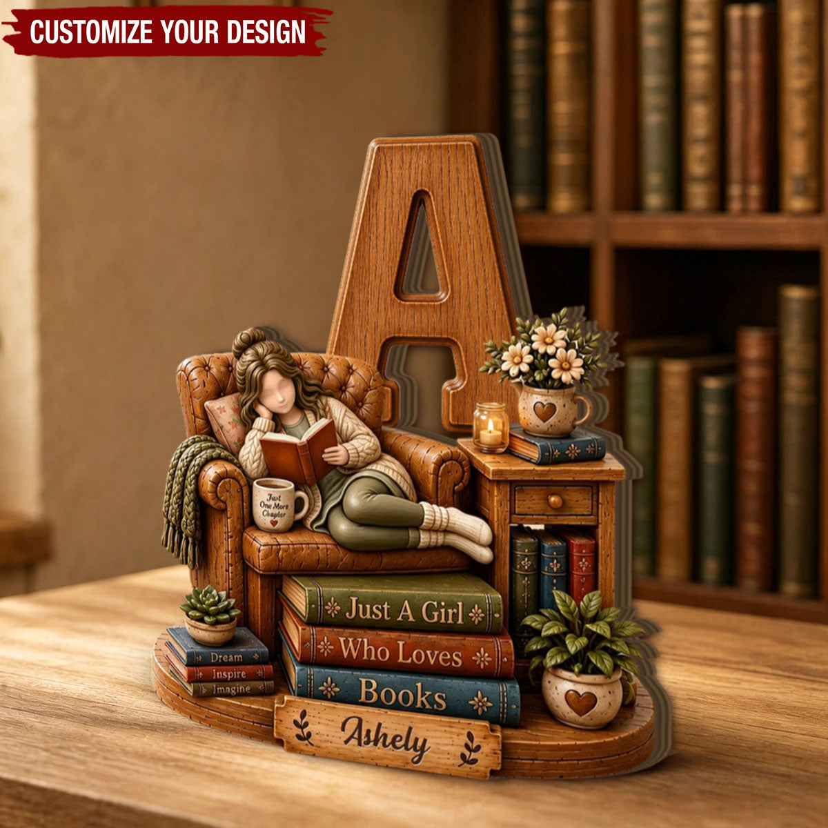Just A Girl Who Loves Books Wooden Block, Personalized Initial Letter & Name Block