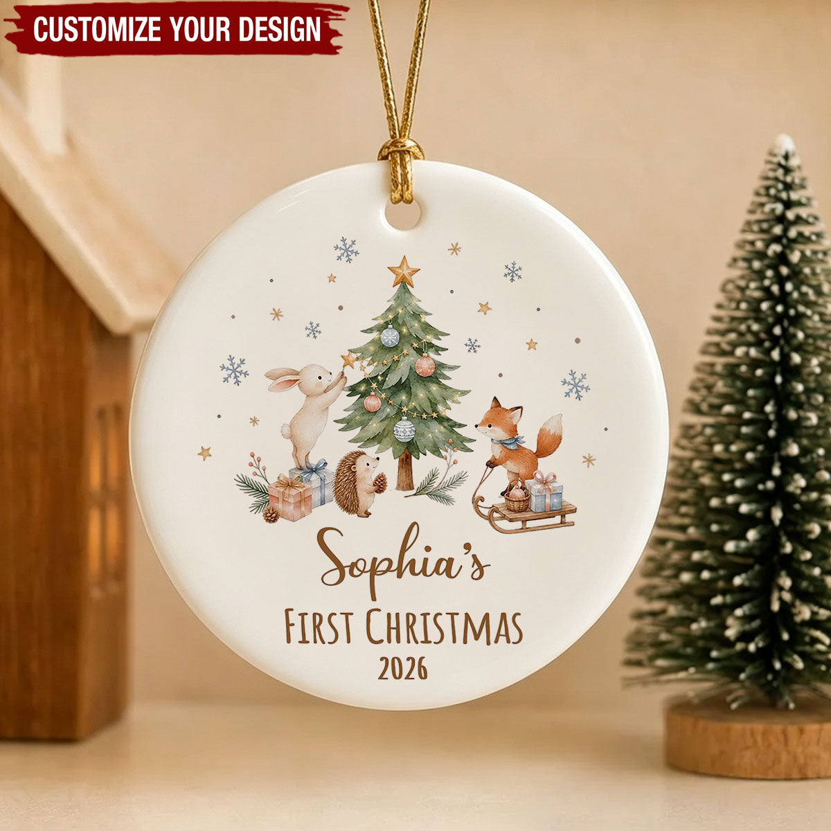 Personalized Baby's First Christmas Ornament - Custom Name Woodland Keepsake