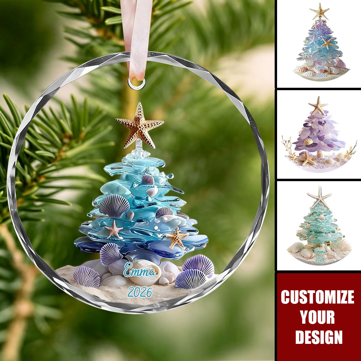 Personalized Sea Glass Christmas Tree Ornament - Coastal Ornament