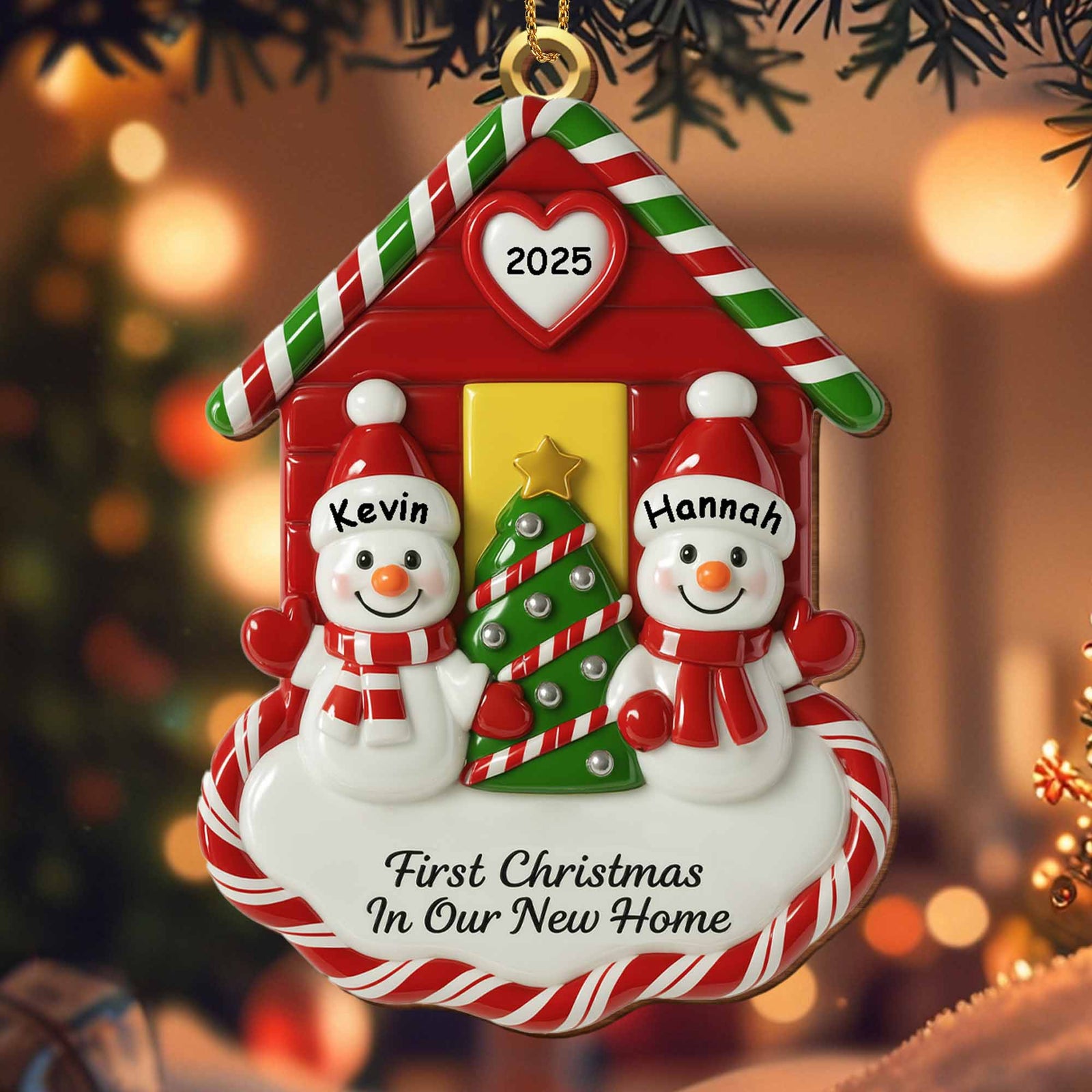 First Christmas In Our New Home With Snowmen And Christmas Tree - Personalized Christmas Ornament