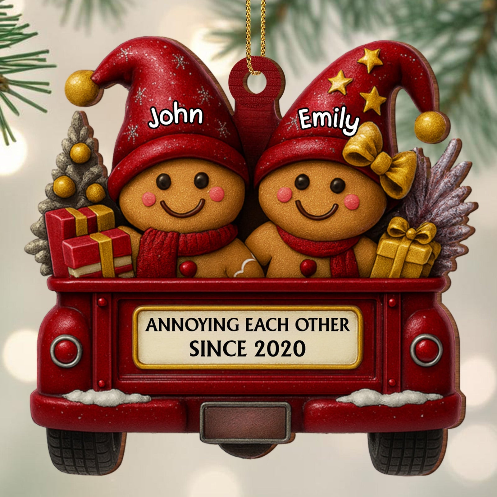 Annoying Each Other Since, Gingerbread Couple In Truck -Personalized Wood Ornament