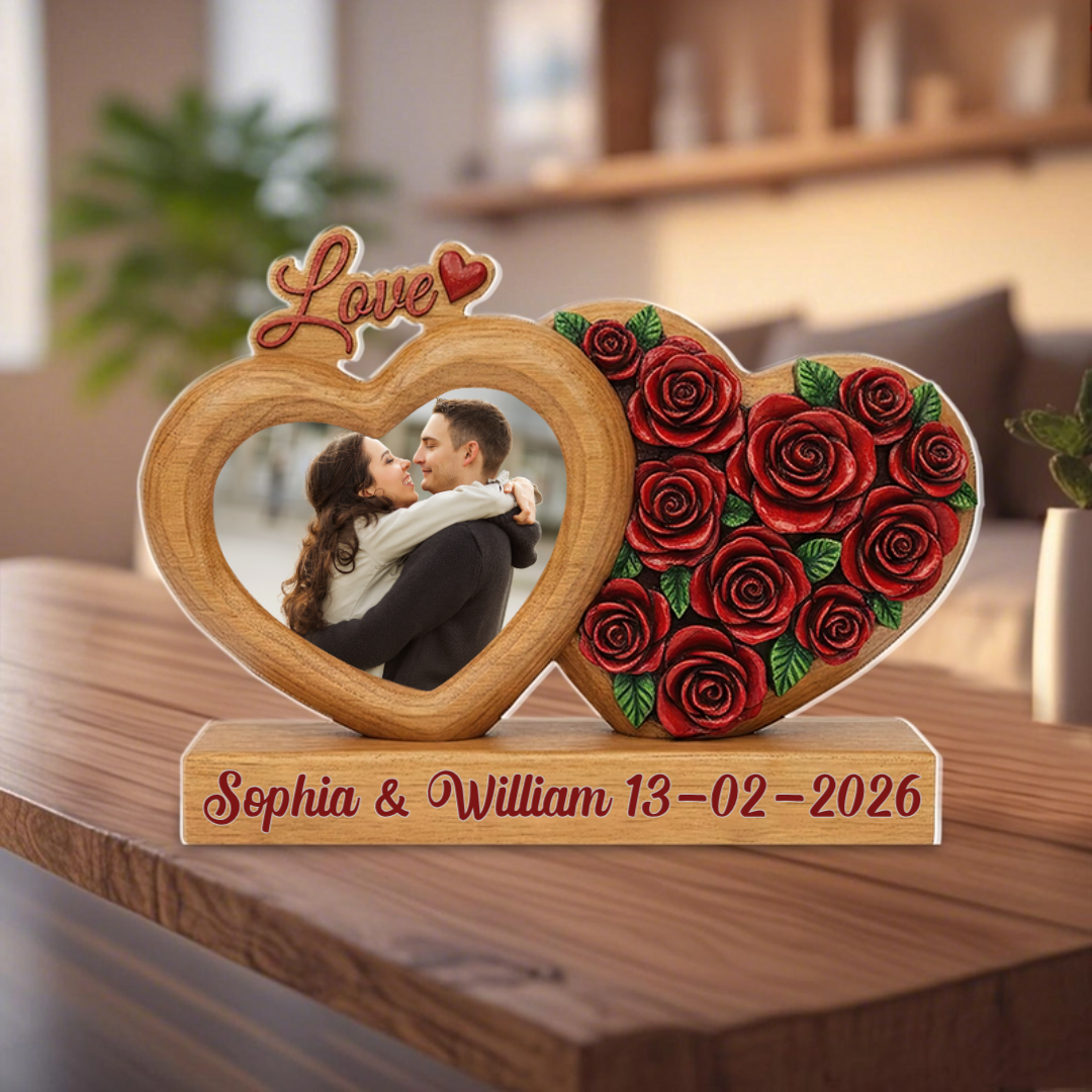 Personalized Double Heart Rose Motif Couple Acrylic Plaque