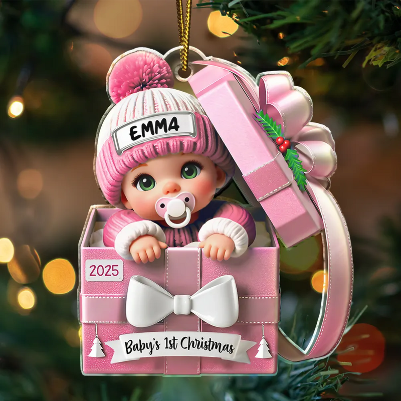 Baby First Christmas, Baby Reveals, Gift Box - Personalized Shaped Acrylic Ornament