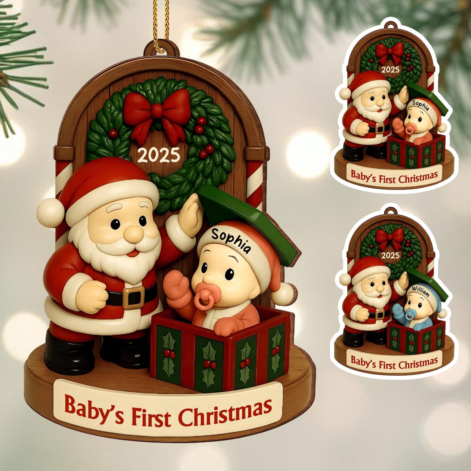 Baby's First Christmas With Santa And Festive Decorations,Custom Wood Ornament