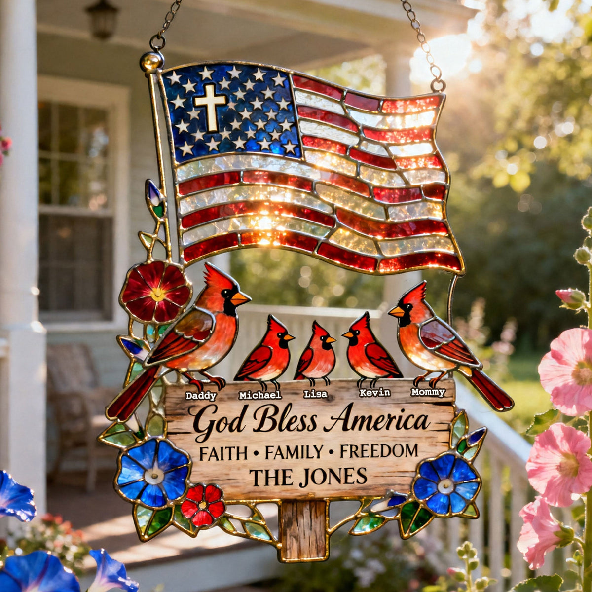 Peaceful American Cardinal Family Under God Suncatcher, Personalized Gifts For Family