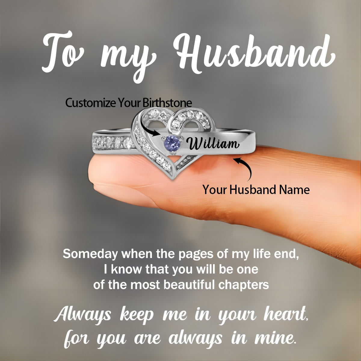 Personalized Name Heart Promise Birthstone Memorial Ring