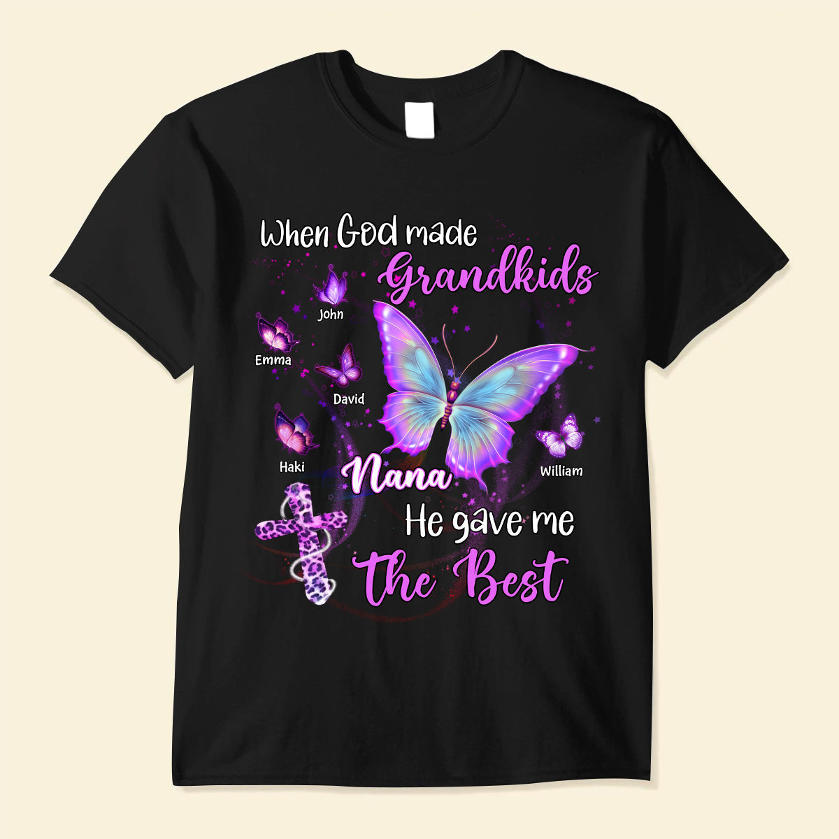 Sparkling Jesus Butterfly Grandma Grandkids-When God Made Grandkids He Gave Me The Best Personalized Shirt