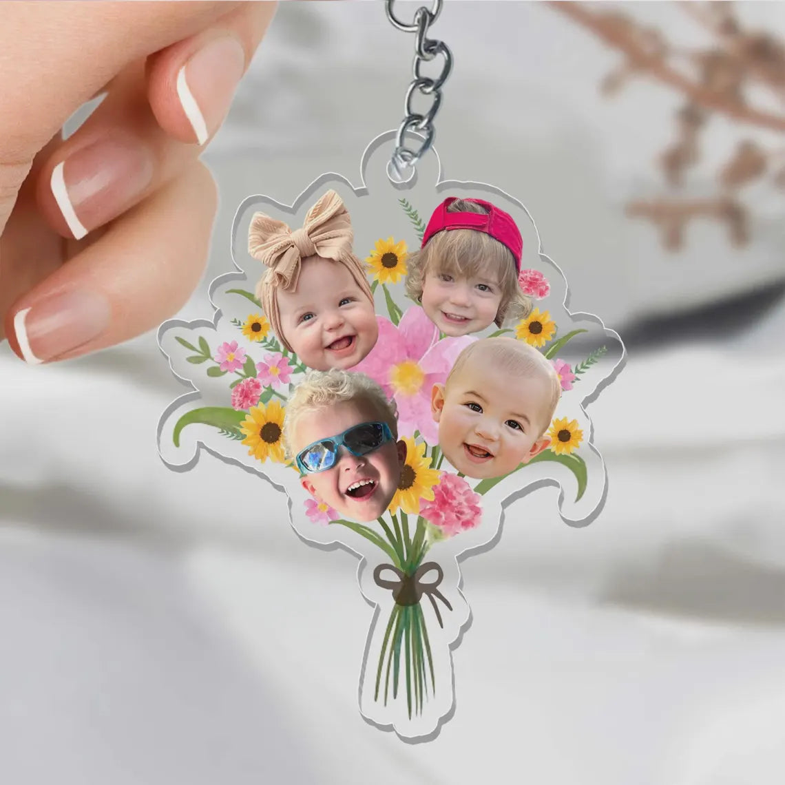 Custom Kids Face Flower Keychain - Personalized Gift For Mom Grandma