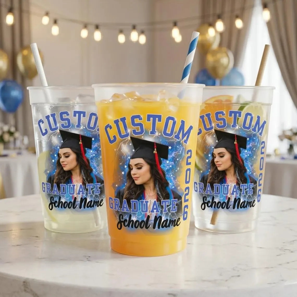 Graduate 2026 Photo Frosted Cup with School Name, Personalized Graduation Portrait Cup