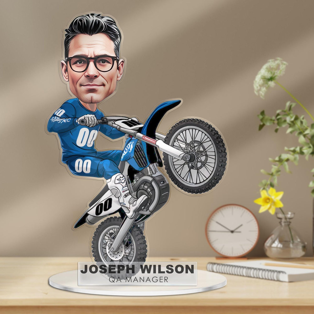 Motocross Biker Shaking Head Figurine Portrait Desk Name-Personalized Dirt Bike Plaque