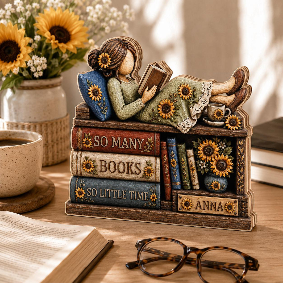 Personalized Sunflower Reading Girl Wooden Plaque, Custom Name Bookshelf Decor
