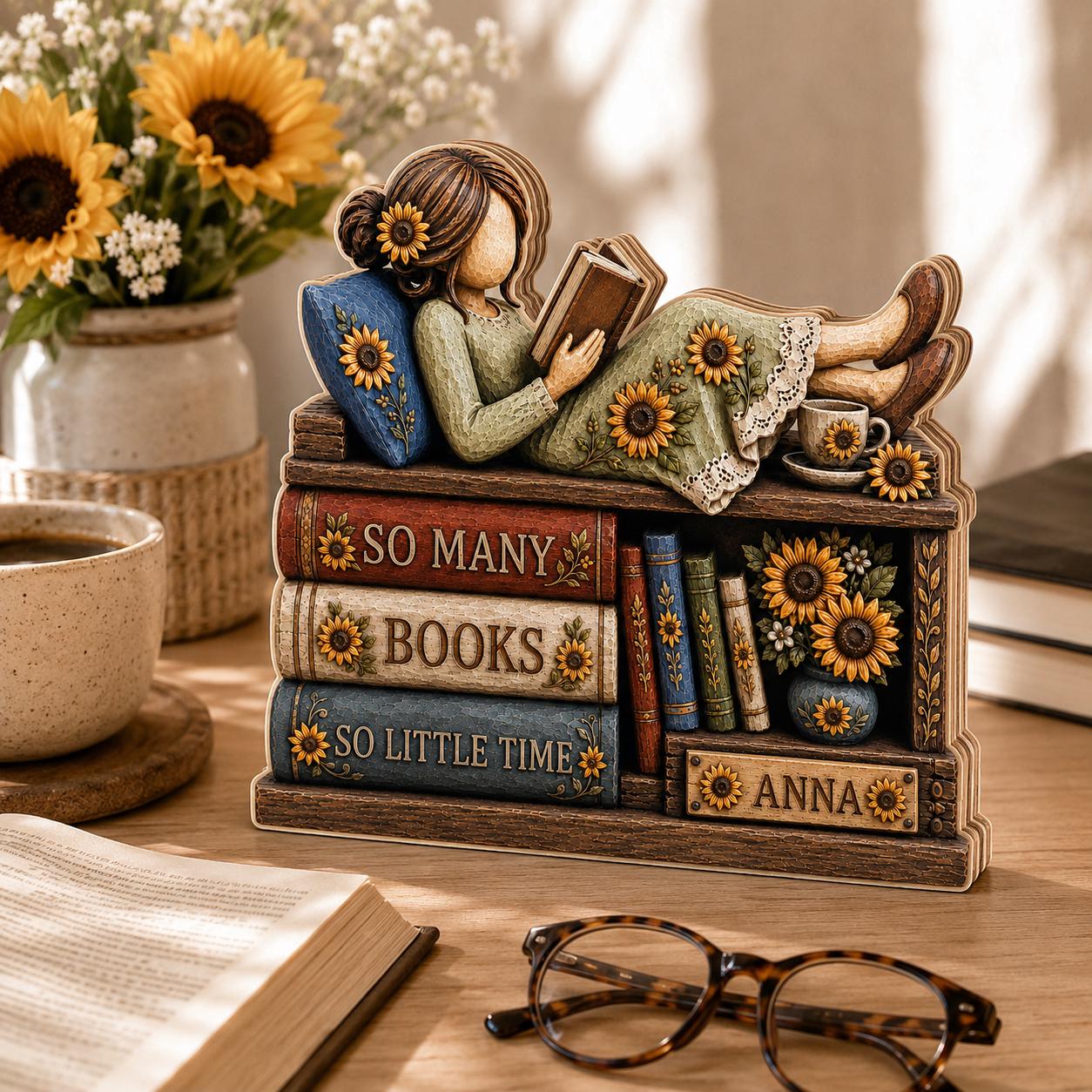Personalized Sunflower Reading Girl Wooden Plaque, Custom Name Bookshelf Decor