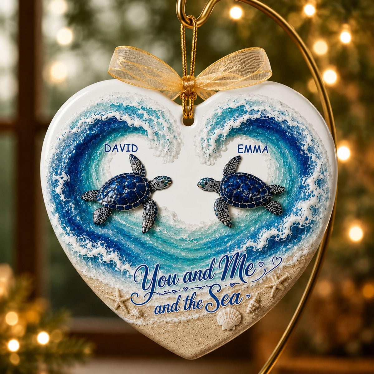 Personalized Ornament For Couples, Custom Sea Turtle Heart Ornament