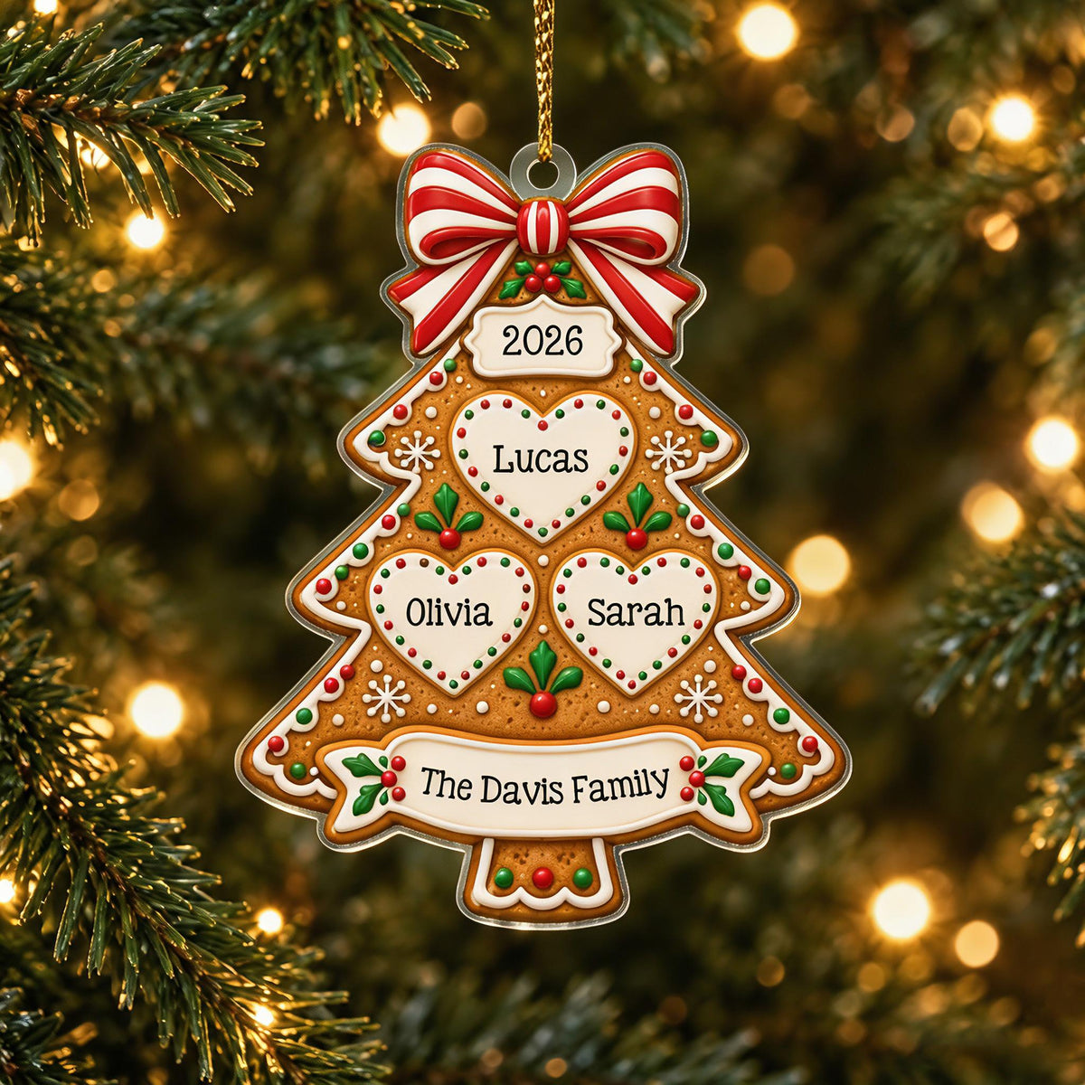 Personalized Gingerbread Tree Ornament, Custom Family Names Acrylic Keepsake